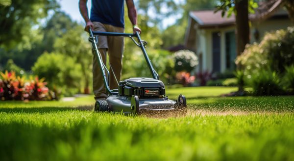 A gardener cuts the grass in a backyard.