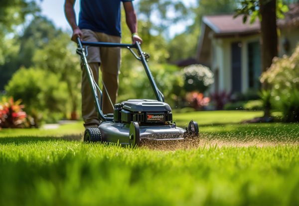 A gardener cuts the grass in a backyard.